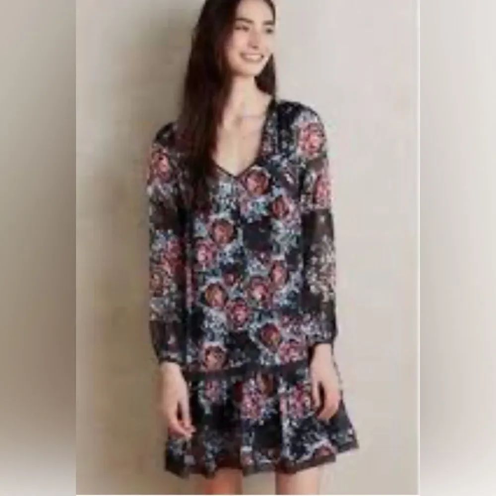 MAEVE Anthropologie Painterly Tiered Dress Long Sleeve Floral Black M